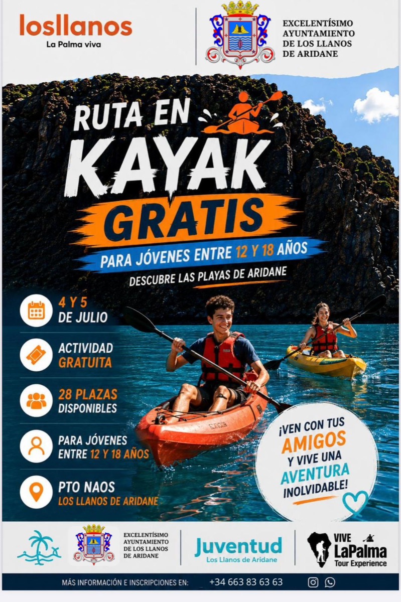 Offizielles Plakat der kostenlosen Kajakroute für die Jugend von Aridane in Puerto Naos